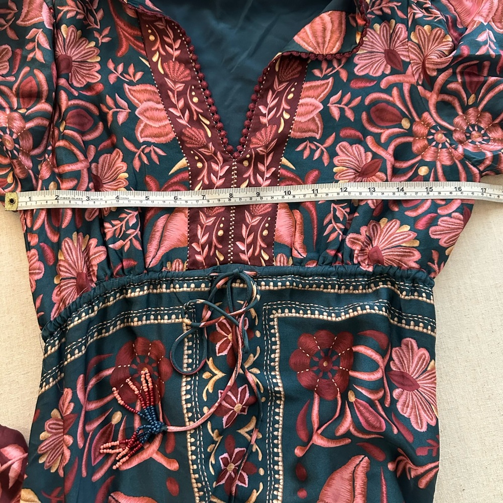 FARM Rio Teal Maxi Dress with Pink Floral Print 3/4 length Sleeve Boho Size S - Picture 11 of 12